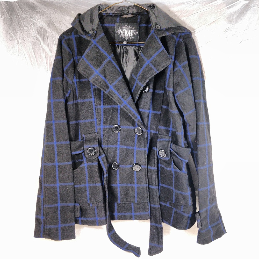 YMI Black & Blue Plaid Peacoat W Hoodie